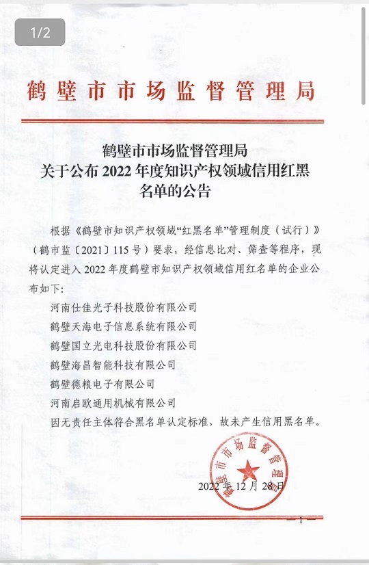 鹤壁市公布2022年度知识产权领域信用红黑名单